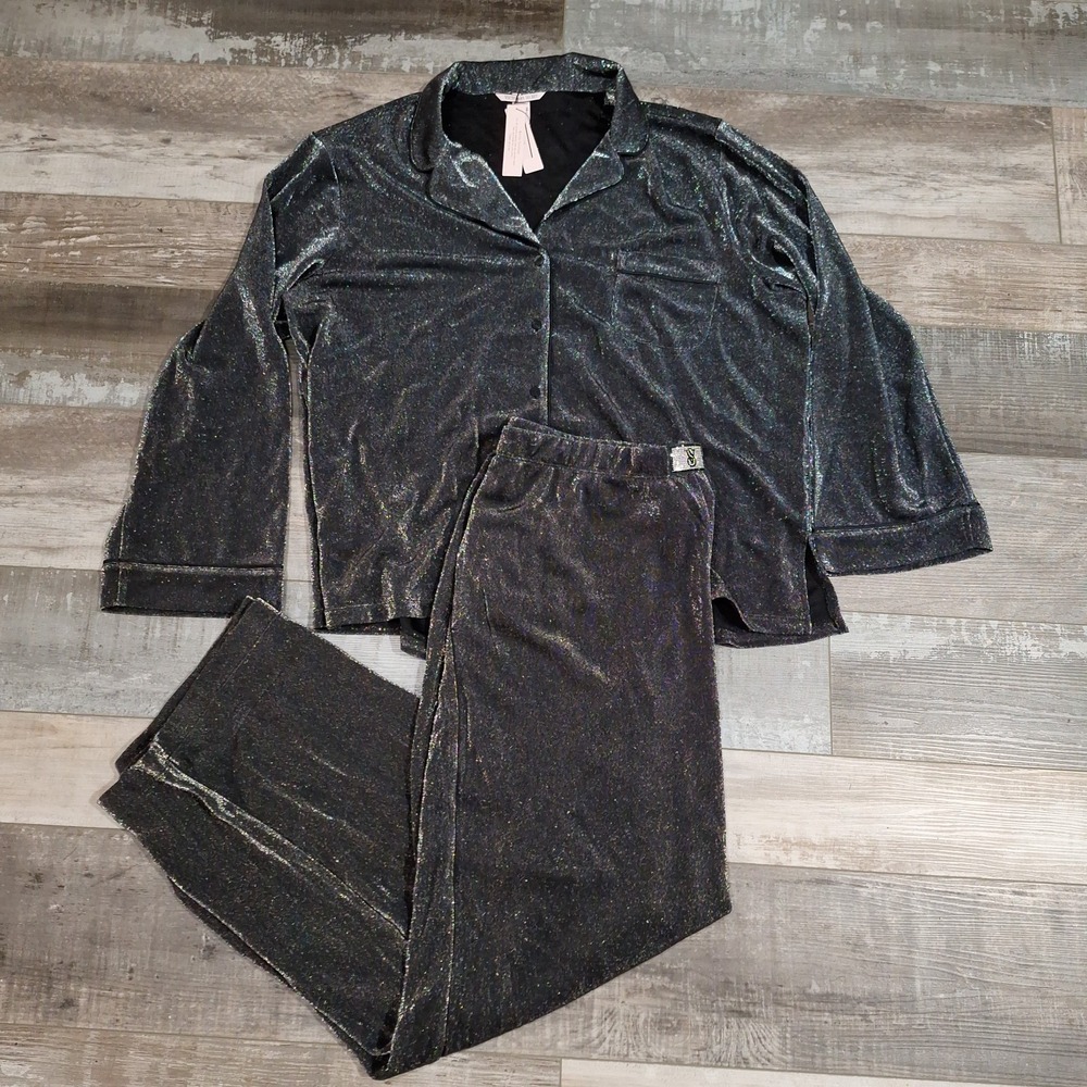 Victoria's Secret Shimmer Pajama Set Black Silver Sparkle Glitter Shine Size XL
